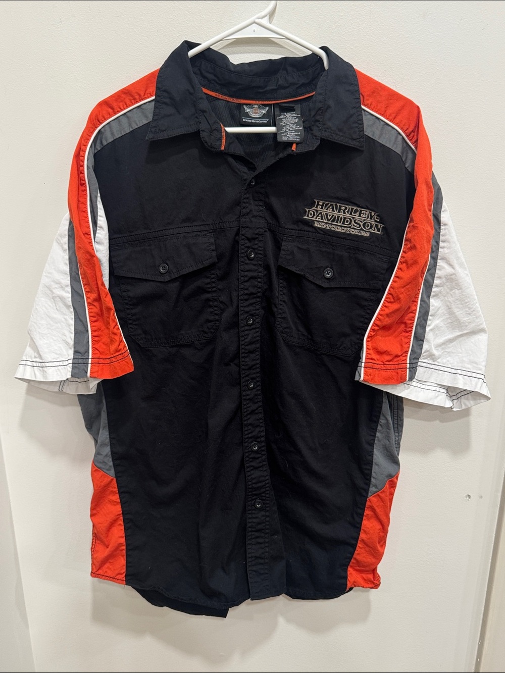 Harley-Davidson Embroidered Flame Graphic Button Up Shirt Black Orange Mens XL
